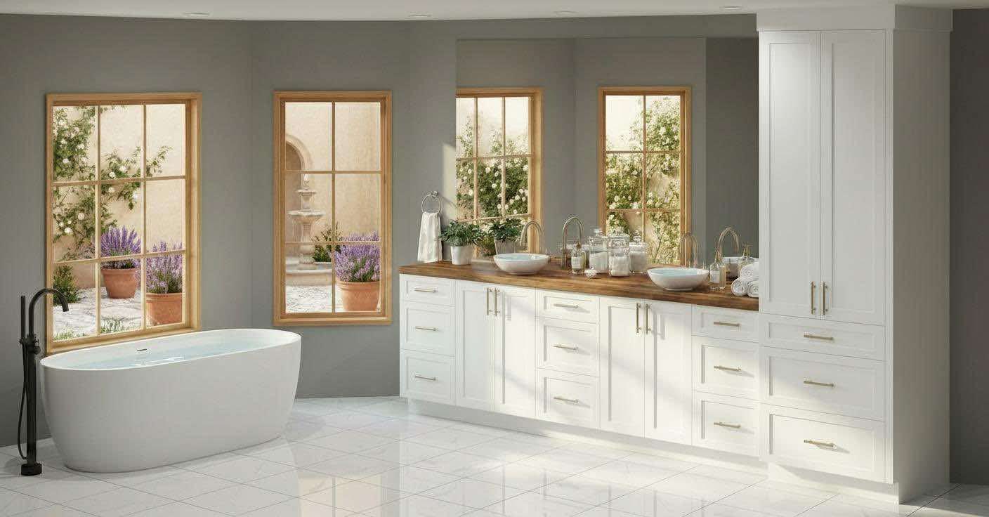 White bathroom cabinetry with wood countertop and freestanding tub