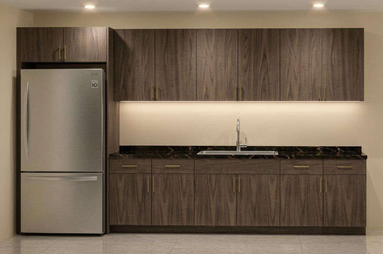 Dark walnut kitchen cabinetry with gold hardware and under-cabinet lighting