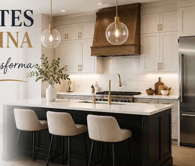 Two-tone kitchen cabinetry with custom wood hood